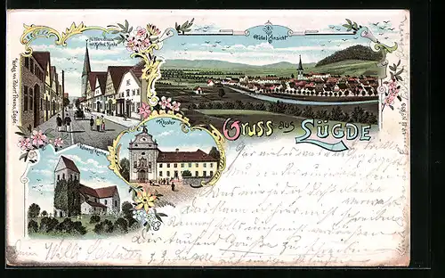 Lithographie Lügde, Mittelstrasse mit Kathol. Kirche, Kloster, Kilians-Kirche