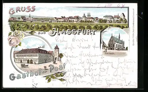 Lithographie Hassfurt, Ortsansicht, Gasthof zur Post, Ritter-Kapelle