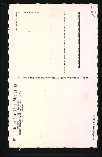 AK Berlin-Charlottenburg, Westfälische Gaststätte Försterling, Inh.: Hans Försterling, Kantstrasse 55