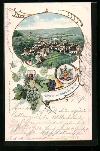 Präge-Lithographie Obertürkheim, Gesamtansicht aus der Vogelschau, Posthorn, Wein-Stilleben, Wappen