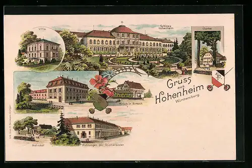 Lithographie Hohenheim /Württ., Schloss mit Anlagen, Villa, Bahnhof, Wohnungen der Studierenden, Wappen