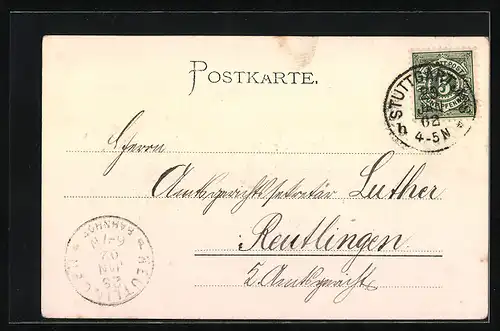 AK Stuttgart, Staatlicher Notariatskops 1901 /02, Justizgebäude, Gasthof Blauer Saal (Kneipe) bei Dinkelacker, Wappen