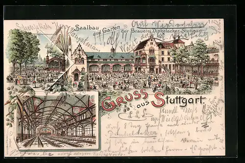 Lithographie Stuttgart, Gasthaus Brauerei Dinkelacker, Saalbau und Garten