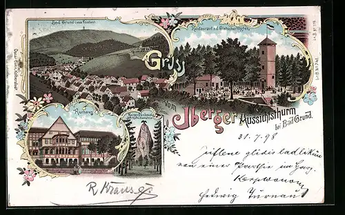 Lithographie Bad Grund, Restaurant z. d. Gletschertöpfen und Iberger Aussichtsturm, Kurhaus