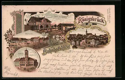 Lithographie Königsbrück, Hotel und Restaurant zum Bahnhof, Rathaus, Marktplatz