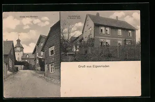 AK Eigenrieden, Geschäftshaus von Konrad Mier, Kirche mit Pfarrhaus