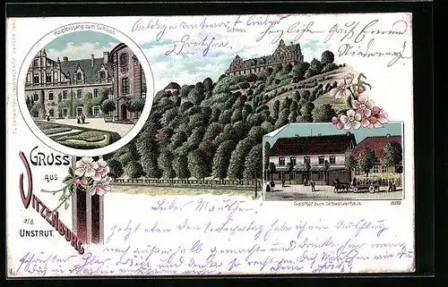 Lithographie Vitzenburg / Unstrut, Gasthof zum Schweizerhaus, Schloss, Haupteingang