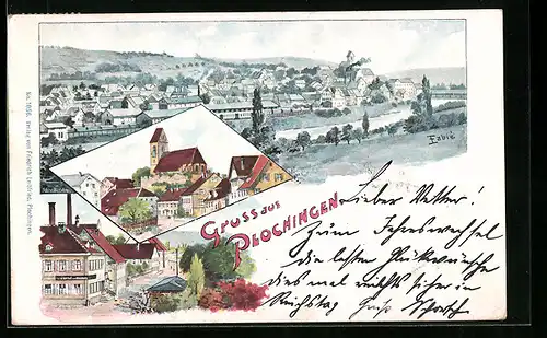 Lithographie Plochingen, Gasthof, Ortspartie mit Kirche, Teilansicht