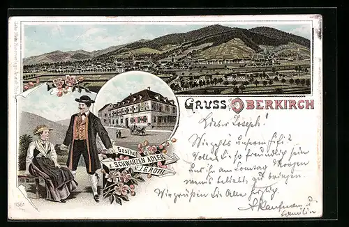 Lithographie Oberkirch, Gasthof Zum schwarzen Adler, Teilansicht, Paar in Tracht