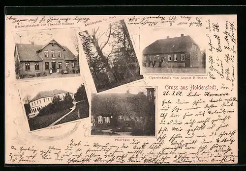 AK Holdenstedt, Gasthaus von Theodor Hillmer, Zigarrenfabrik von August Hillmann, Adolfsplatz im Park