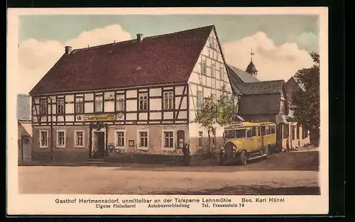 AK Hartmannsdorf, Gasthof Karl Hänel an der Talsperre Lehnmühle mit Bus