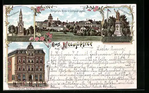 Lithographie Neumünster, Hotel Kaiserhof, Evangelische Kirche v. d. Schützenstrasse gesehen, Krieger-Denkmal