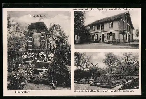 AK Huddestorf, Gasthaus Zum Jägerkrug, Garten, Heldendenkmal