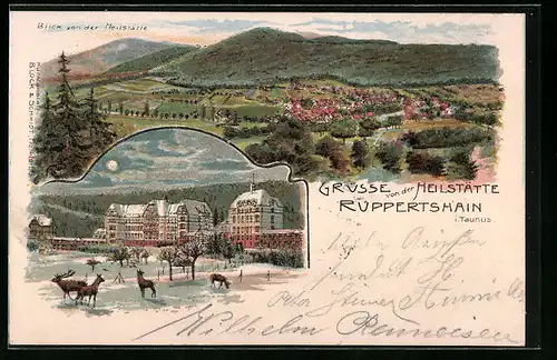 Künstler-AK Ruppertshain i. Taunus, Heilstätte Ruppertshein bei Mondschein im Winter, Blick auf den Ort im Sommer