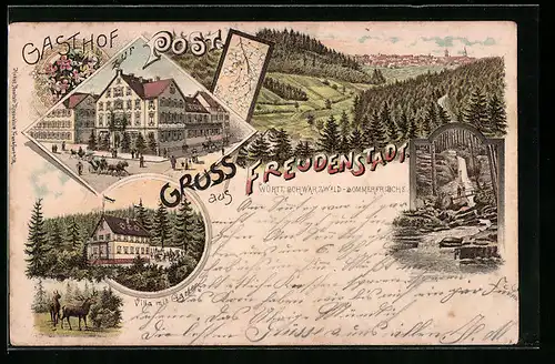 Lithographie Freudenstadt /Württ. Schwarzwald, Hotel zur Post, Villa mit Garten, Wasserfall
