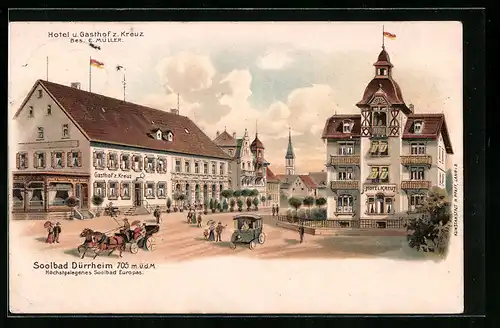 Lithographie Dürrheim, Hotel und Gasthof zum Kreuz von E. Müller