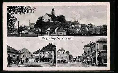 AK Hengersberg /Bay. Ostmark, Gasthaus und Brunnen, Strassenpartie mit Geschäften, Ortspartie mit Kirche