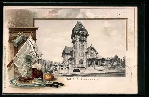 Passepartout-Lithographie Hof i. B., Blick auf Theresienstein