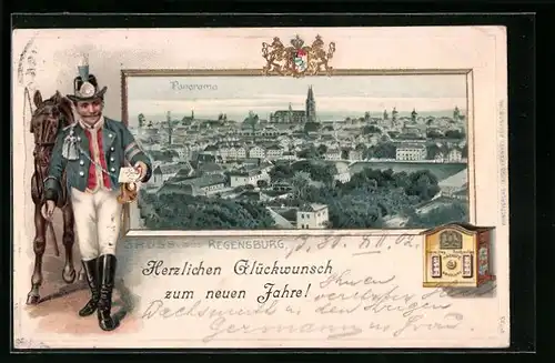 Präge-Lithographie Regensburg, Ortsansicht, Postbote überbringt Brief