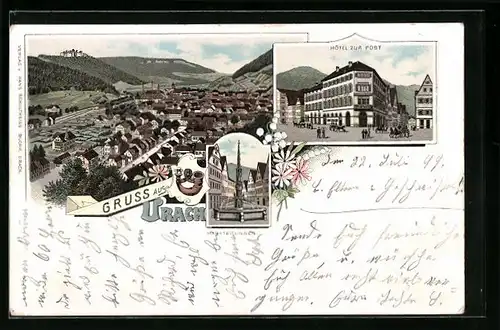 Lithographie Urach, Marktbrunnen, Hotel zur Post, Ortsansicht
