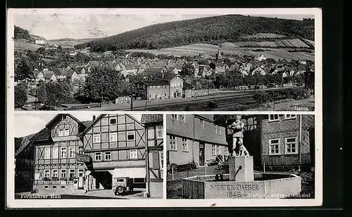 AK Helsa, Gasthaus u. Metzgerei K. Jungmann, Fernfahrer Ruh, Merten Jaeger-Denkmal