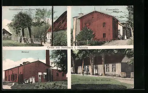 AK Mehlbek i. Holstein, Meierei, Geschäftshaus von Hans Wich, Wassermühle