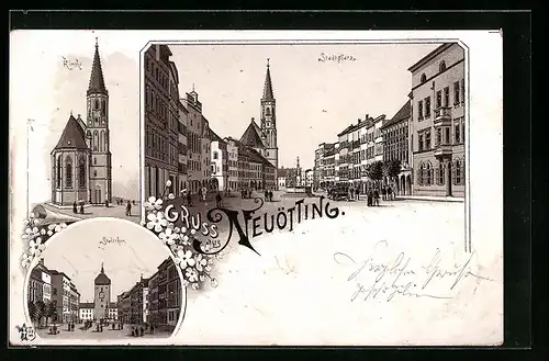 Lithographie Neuötting, Kirche Stadtthor, Stadtplatz