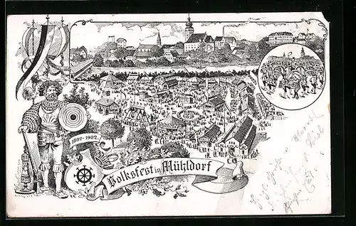 Lithographie Mühldorf, Volksfest, Festpostkarte 1902, Volksfestgelände mit Ortspanorama aus der Vogelschau, Schütze
