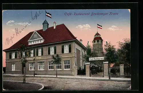AK Bredeney, Cafe-Restaurant Bredeneyer Krone, Besitzer Gustav Schlesinger, Strassenansicht mit Aussichtsturm
