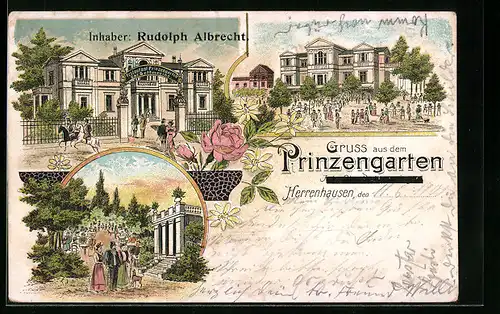 Lithographie Herrenhausen, Gasthof Prinzengarten Rudolf Albrecht mit Garten