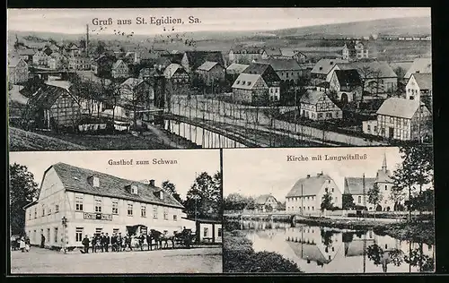 AK St. Egidien /Sa., Ortsansicht aus der Vogelschau, Gasthof zum Schwan, Kirche mit Lungwitzfluss