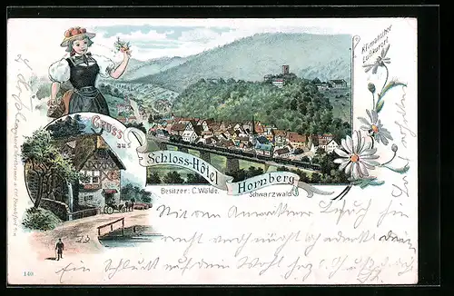 Lithographie Hornberg /Schwarzw., Gesamtansicht mit Viadukt und Schloss-Hotel, Strassenpartie