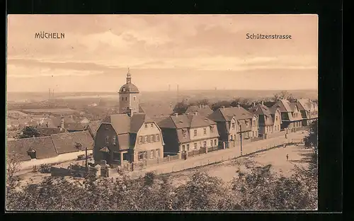 AK Mücheln, Schützenstrasse mit Umgebung aus der Vogelschau