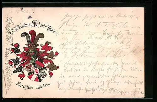 Lithographie Berlin, Studentenwappen Arminia mit Motto Furchtlos und treu
