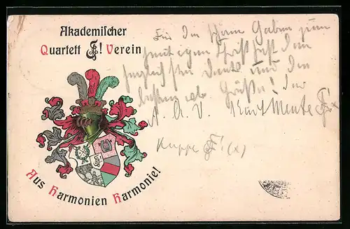 Lithographie Berlin, Wappen des Akademischen Quartett-Vereins mit Motto Aus Harmonien Harmonie!