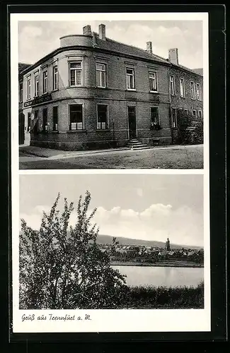 AK Trennfurt a. M., Ortsansicht mit Main, Gasthaus-Pension zum Ross Philipp Wöber