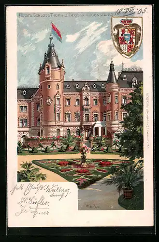 Passepartout-Lithographie Regensburg, Fürstliches Schloss Thurn und Taxis mit Anlagen, Präge-Wappen