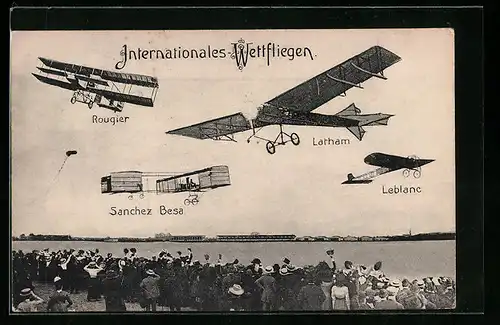 AK Berlin-Johannisthal, Internationales Wettfliegen 1909, Flugzeuge von Rougier, Latham und Leblanc