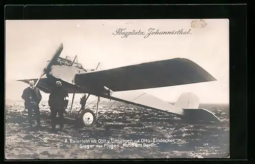 Foto-AK Sanke Nr. 192: Berlin-Johannisthal, Flugplatz, A. Baierlein mit Oblt. v. Linsingen auf Otto-Eindecker