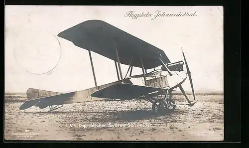 Foto-AK Sanke Nr. 187: Berlin-Johannisthal, L. V. G. Doppeldecker System Schneider auf dem Flugplatz