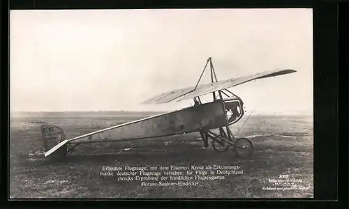 Foto-AK Sanke Nr. 279: Flugzeug, Morane-Saulnier-Eindecker mit dem Eisernen Kreuz