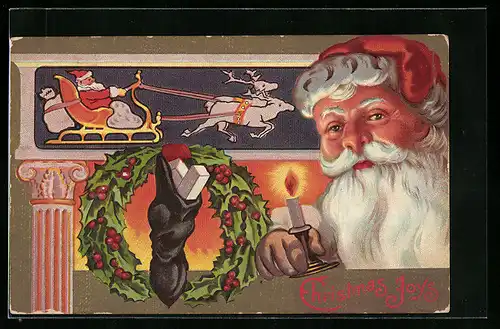 Präge-AK Weihnachtsmann mit einer Kerze, Weihnachtsgruss