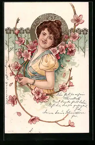 AK Hübsche Dame mit Blumen im Jugendstil