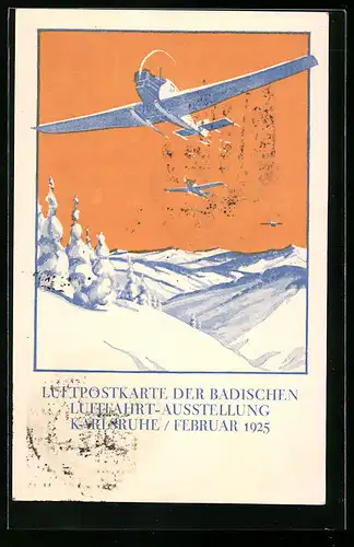 Künstler-AK Karlsruhe, Luftpostkarte der Badischen Luftfahrt-Ausstellung 1925, Flugzeuge