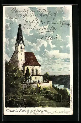 Künstler-AK Zeno Diemer: Pullach bei München, Kirche und Fluss unter Wolkenhimmel