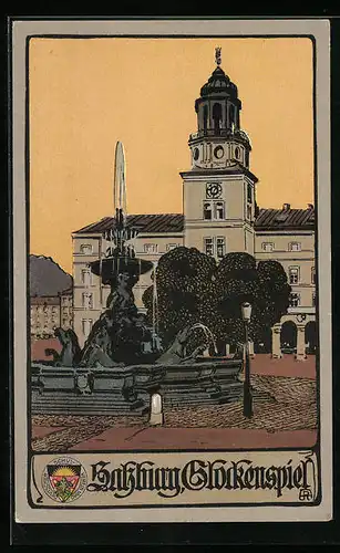 Steindruck-AK Deutscher Schulverein Nr. 314: Salzburg, Glockenspiel, Springbrunnen