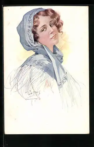 Künstler-AK W. Braun: Maid mit blauen Kopftuch
