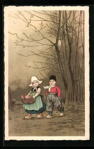 Künstler-AK E. Colombo: Pärchen in niederländischer Tracht, Goldener Wald