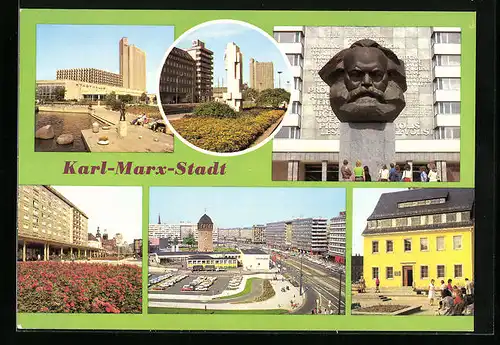 AK Karl-Marx-Stadt, Blick zur Stadthalle und zum Interhotel Kongress, Karl-Marx-Monument