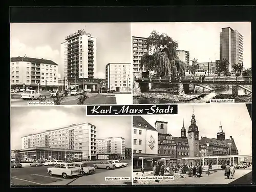 AK Karl-Marx-Stadt, Wilhelm-Pieck-Strasse, Rosenhof, Karl-Marx-Allee mit Autos